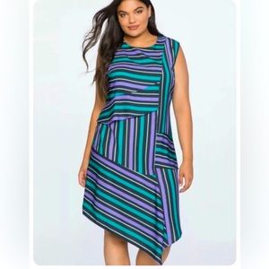 Eloquii Opposing Stripes Sleeveless Draped Asymmetrical Tiered Tunic Dress SZ 14